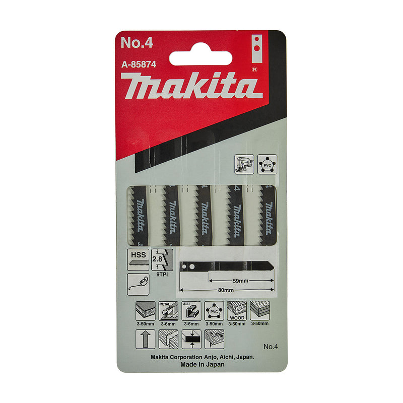 Hộp 5 lưỡi cưa lọng HSS Makita A-85874 dùng cưa đa vật liệu, số răng 9 TPI chiều dài 80mm, đuôi gài kiểu M ( Cấp 3 sao )