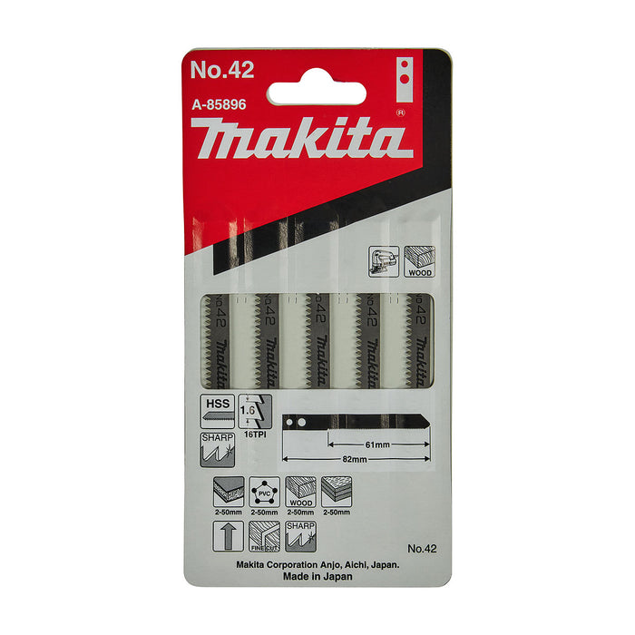 Hộp 5 lưỡi cưa lọng HSS Makita A-85896 dùng cho gỗ, nhựa số răng 16 TPI, chiều dài 82mm đuôi gài kiểu M ( Cấp 3 sao )