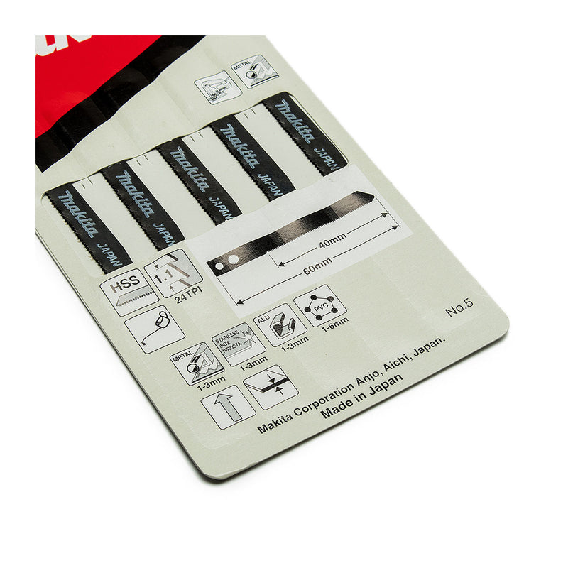 Hộp 5 lưỡi cưa lọng HSS Makita A-85905 dùng cho Inox số răng 24 TPI, chiều dài 60mm, đuôi gài kiểu M ( Cấp 3 sao )