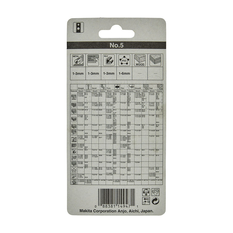 Hộp 5 lưỡi cưa lọng HSS Makita A-85905 dùng cho Inox số răng 24 TPI, chiều dài 60mm, đuôi gài kiểu M ( Cấp 3 sao )