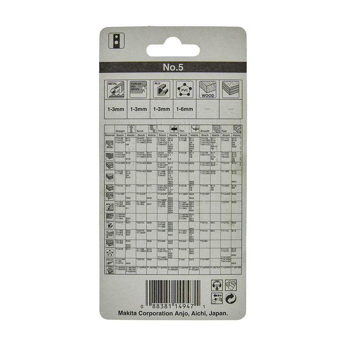 Hộp 5 lưỡi cưa lọng HSS Makita A-85905 dùng cho Inox số răng 24 TPI, chiều dài 60mm, đuôi gài kiểu M ( Cấp 3 sao )