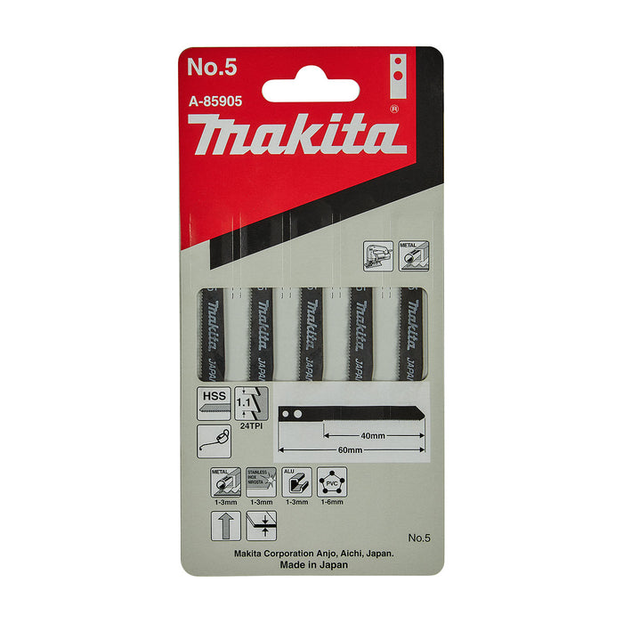Hộp 5 lưỡi cưa lọng HSS Makita A-85905 dùng cho Inox số răng 24 TPI, chiều dài 60mm, đuôi gài kiểu M ( Cấp 3 sao )