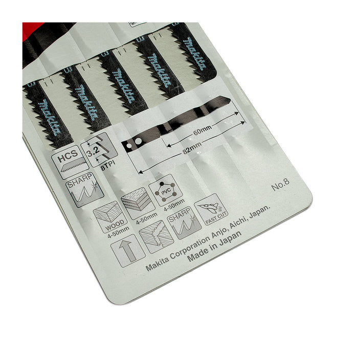 Hộp 5 lưỡi cưa lọng HCS loại cắt nhanh Makita A-85911 dùng cho gỗ, nhựa số răng 8 TPI, chiều dài 82mm đuôi gài kiểu M ( Cấp 3 sao )
