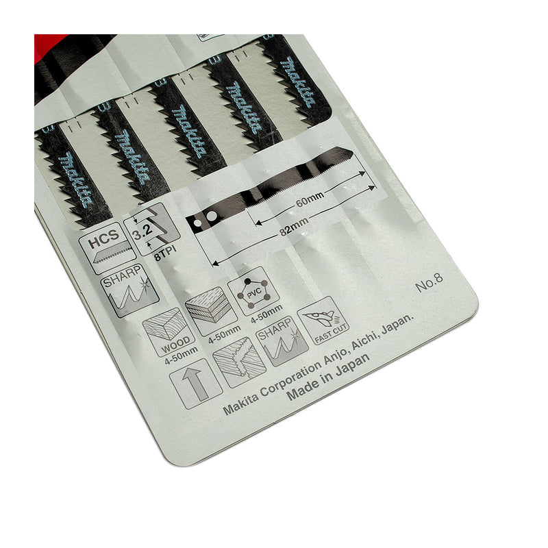 Hộp 5 lưỡi cưa lọng HCS loại cắt nhanh Makita A-85911 dùng cho gỗ, nhựa số răng 8 TPI, chiều dài 82mm đuôi gài kiểu M ( Cấp 3 sao )