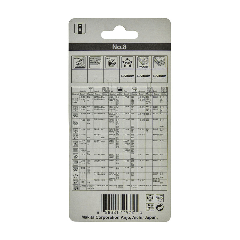 Hộp 5 lưỡi cưa lọng HCS loại cắt nhanh Makita A-85911 dùng cho gỗ, nhựa số răng 8 TPI, chiều dài 82mm đuôi gài kiểu M ( Cấp 3 sao )