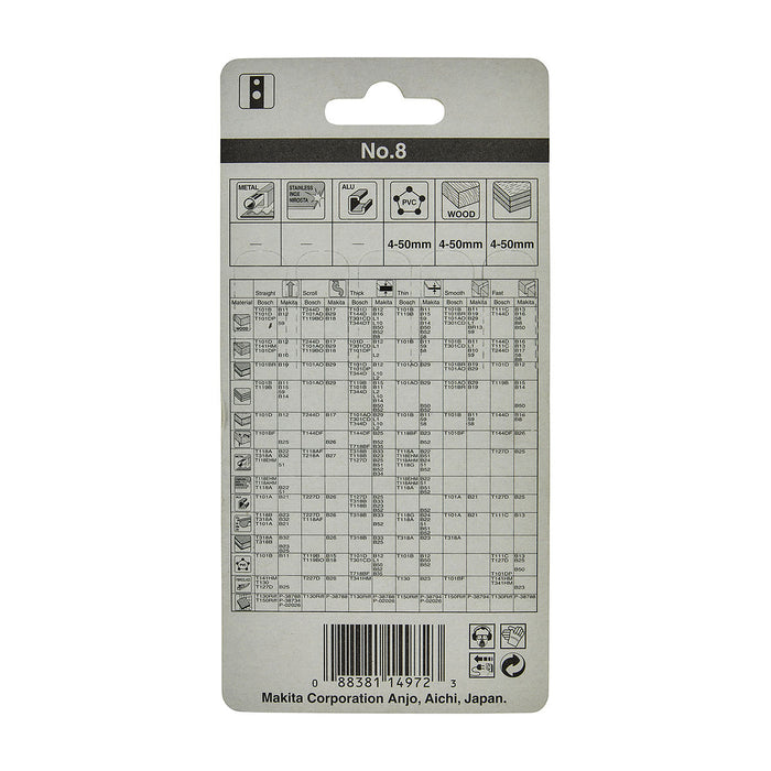 Hộp 5 lưỡi cưa lọng HCS loại cắt nhanh Makita A-85911 dùng cho gỗ, nhựa số răng 8 TPI, chiều dài 82mm đuôi gài kiểu M ( Cấp 3 sao )