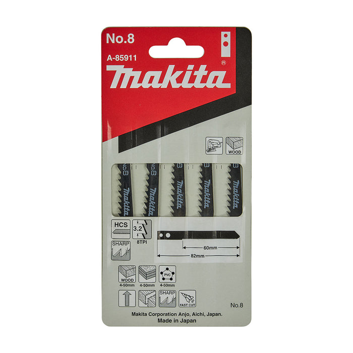 Hộp 5 lưỡi cưa lọng HCS loại cắt nhanh Makita A-85911 dùng cho gỗ, nhựa số răng 8 TPI, chiều dài 82mm đuôi gài kiểu M ( Cấp 3 sao )