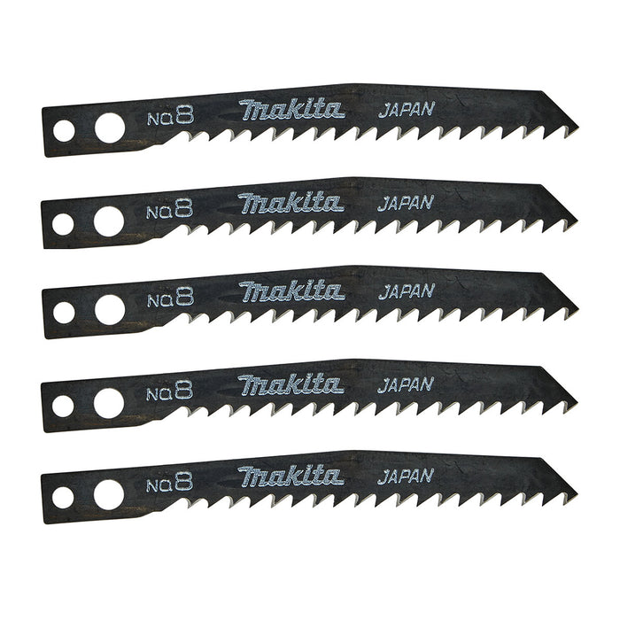 Hộp 5 lưỡi cưa lọng HCS loại cắt nhanh Makita A-85911 dùng cho gỗ, nhựa số răng 8 TPI, chiều dài 82mm đuôi gài kiểu M ( Cấp 3 sao )