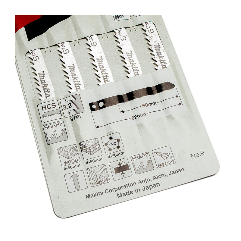 Hộp 5 lưỡi cưa lọng HCS loại cắt nhanh, đường cắt đẹp Makita A-85927 dùng cho gỗ, nhựa số răng 8 TPI, chiều dài 82mm đuôi gài kiểu M ( Cấp 3 sao )