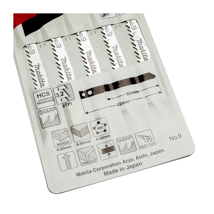 Hộp 5 lưỡi cưa lọng HCS loại cắt nhanh, đường cắt đẹp Makita A-85927 dùng cho gỗ, nhựa số răng 8 TPI, chiều dài 82mm đuôi gài kiểu M ( Cấp 3 sao )