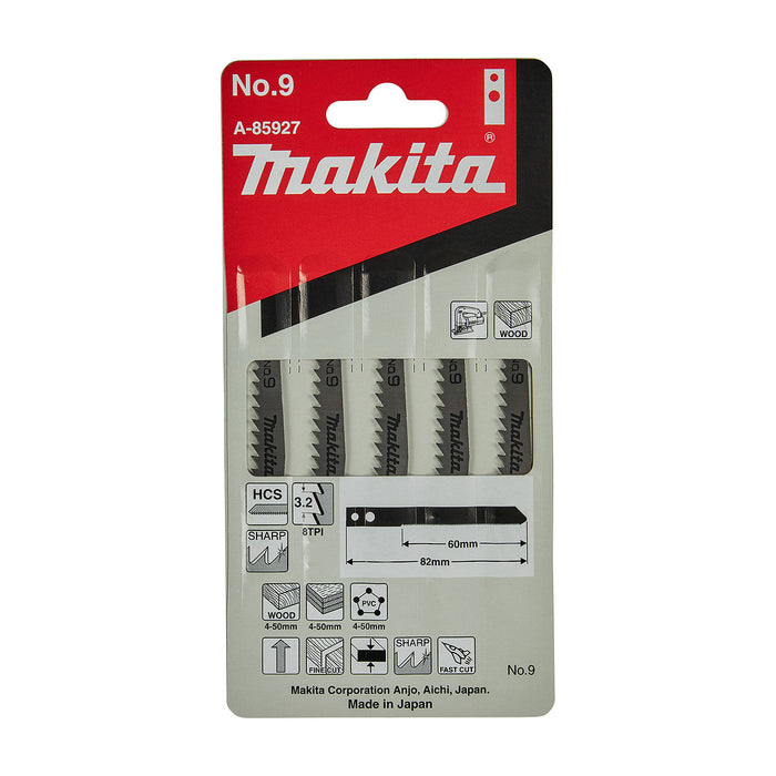 Hộp 5 lưỡi cưa lọng HCS loại cắt nhanh, đường cắt đẹp Makita A-85927 dùng cho gỗ, nhựa số răng 8 TPI, chiều dài 82mm đuôi gài kiểu M ( Cấp 3 sao )