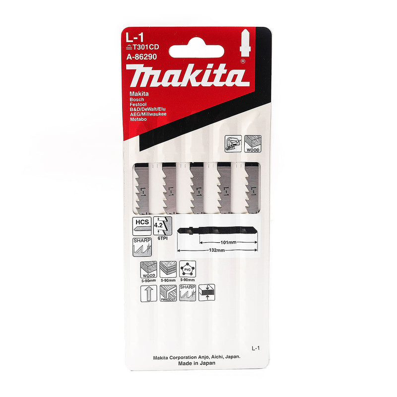 Hộp 5 lưỡi cưa lọng HCS loại cho vết cắt đẹp Makita A-86290 dùng cho gỗ, nhựa số răng 6 TPI, chiều dài 132mm, đuôi gài kiểu B ( Cấp 3 sao )