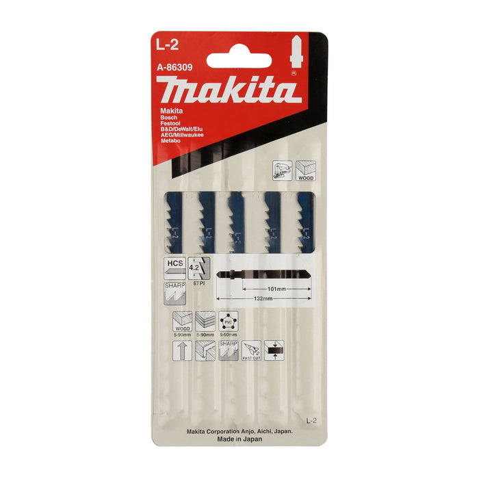 Hộp 5 lưỡi cưa lọng HCS loại cắt nhanh Makita A-86309 dùng cho gỗ, nhựa số răng 6 TPI, chiều dài 132mm, đuôi gài kiểu B ( Cấp 3 sao )