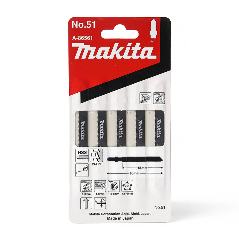 Hộp 5 lưỡi cưa lọng HSS Makita A-86561 dùng cho Inox số răng 24 TPI, chiều dài 90mm, đuôi gài kiểu B ( Cấp 3 sao )