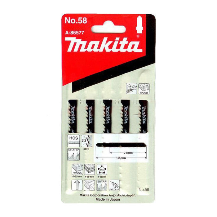 Hộp 5 lưỡi cưa lọng HCS loại cắt nhanh Makita A-86577 dùng cho gỗ, nhựa số răng 8 TPI, chiều dài 105mm, đuôi gài kiểu B ( Cấp 3 sao )
