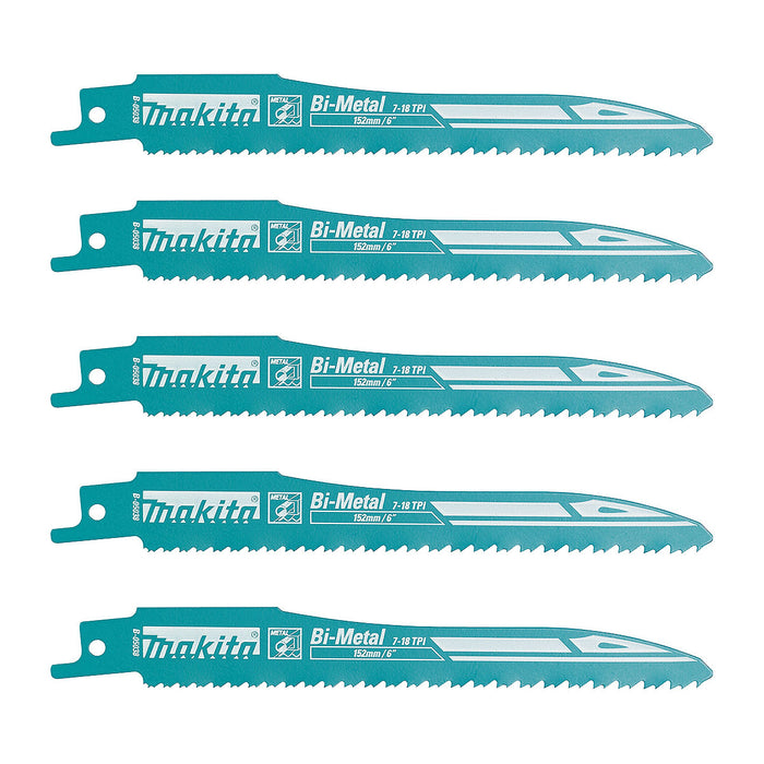 Hộp 5 lưỡi cưa kiếm Bi-Metal cưa siêu nhanh Makita B-05038 dùng cho kim loại, nhựa số răng 7-18 TPI, chiều dài 152mm ( Cấp 3 sao )