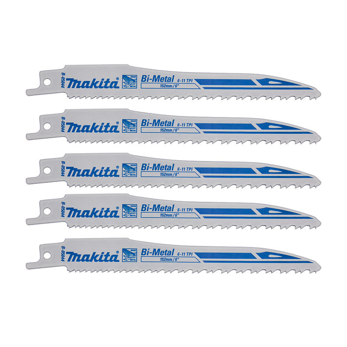Hộp 5 lưỡi cưa kiếm Bi-Metal cưa siêu nhanh Makita B-05044 dùng cưa đa vật liệu, số răng 6-11 TPI, chiều dài 152mm ( Cấp 3 sao )
