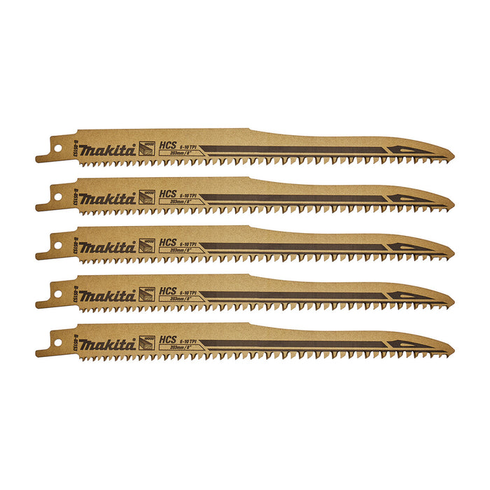 Hộp 5 lưỡi cưa kiếm HCS cưa siêu nhanh Makita B-05153 dùng cho gỗ, số răng 6-10 TPI, chiều dài 203mm ( Cấp 3 sao )