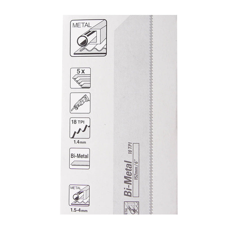 Hộp 5 lưỡi cưa kiếm Bi-Metal Makita B-05169 dùng cho kim loại, số răng 18 TPI chiều dài 152mm ( Cấp 3 sao )