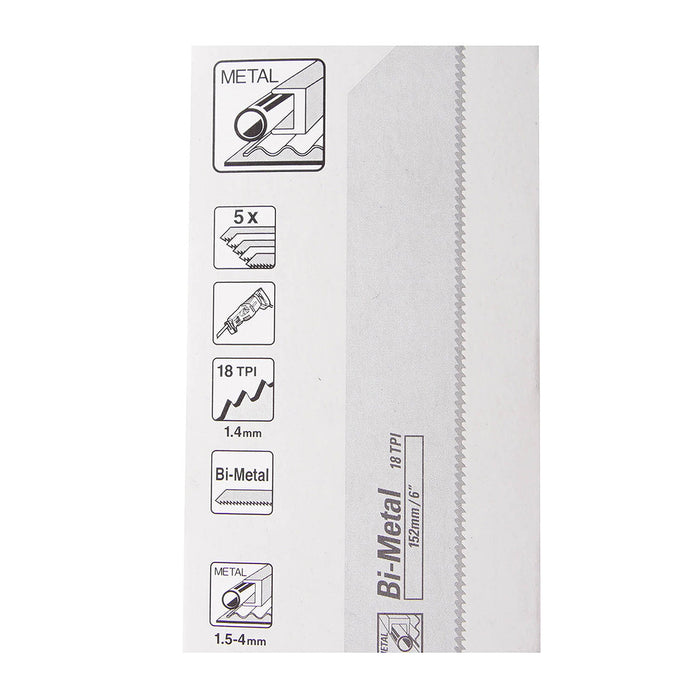 Hộp 5 lưỡi cưa kiếm Bi-Metal Makita B-05169 dùng cho kim loại, số răng 18 TPI chiều dài 152mm ( Cấp 3 sao )