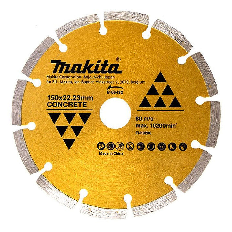 Lưỡi cắt kim cương, kiểu răng phân đoạn Makita B-06432 đường kính lưỡi 150mm, lỗ cốt 22.23mm, dùng cho bê tông