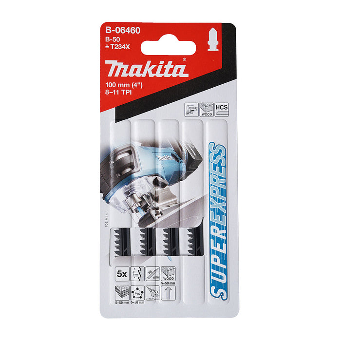 Hộp 5 lưỡi cưa lọng HCS loại cắt siêu nhanh Makita B-06460 dùng cho gỗ, nhựa số răng 8-11 TPI, chiều dài 100mm đuôi gài kiểu B ( Cấp 3 sao )