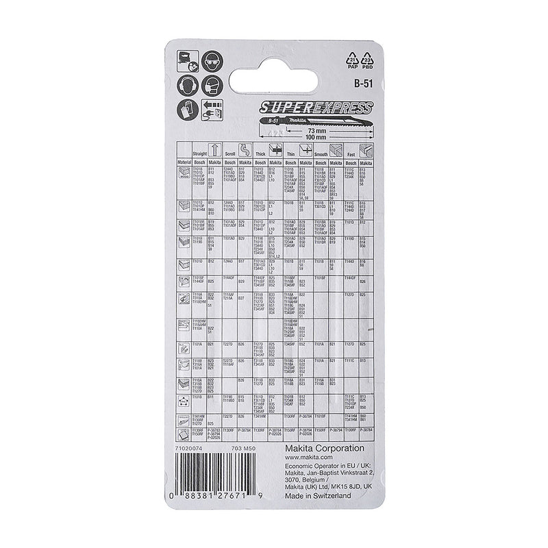Hộp 5 lưỡi cưa lọng HSS loại cắt siêu nhanh Makita B-06476 dùng cho Inox, số răng 10-18 TPI, chiều dài 100mm, đuôi gài kiểu B ( cấp 3 sao )