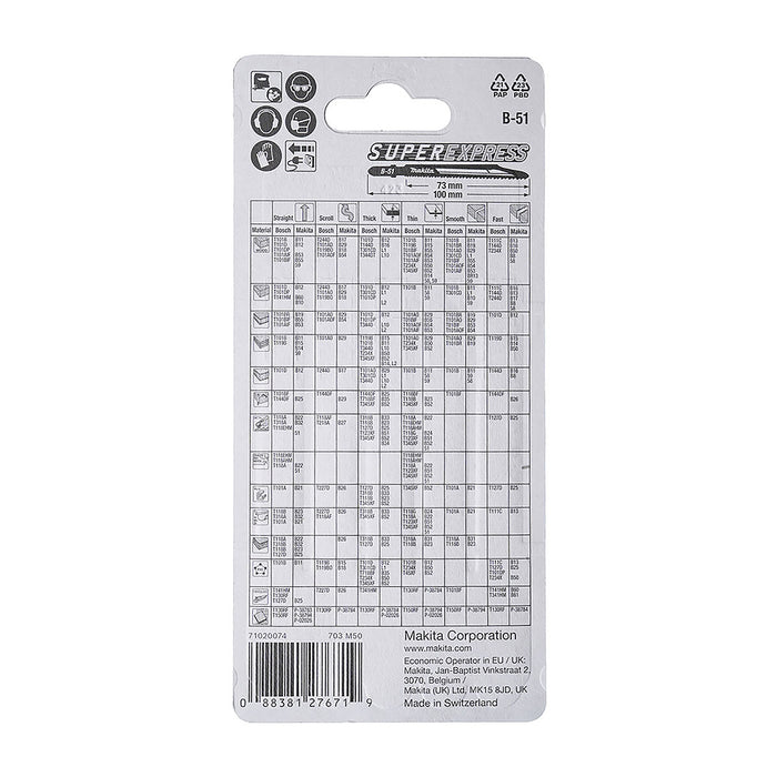 Hộp 5 lưỡi cưa lọng HSS loại cắt siêu nhanh Makita B-06476 dùng cho Inox, số răng 10-18 TPI, chiều dài 100mm, đuôi gài kiểu B ( cấp 3 sao )