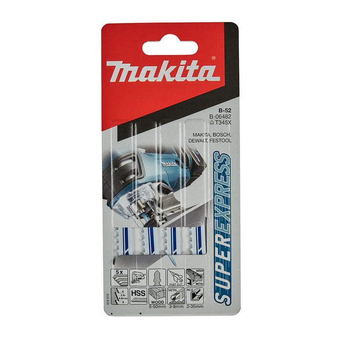 Hộp 5 lưỡi cưa lọng HSS loại cắt siêu nhanh Makita B-06482 dùng cho nhiều loại vật liệu khác nhau, số răng 6-10 TPI, chiều dài 100mm, đuôi gài kiểu B ( Cấp 3 sao )