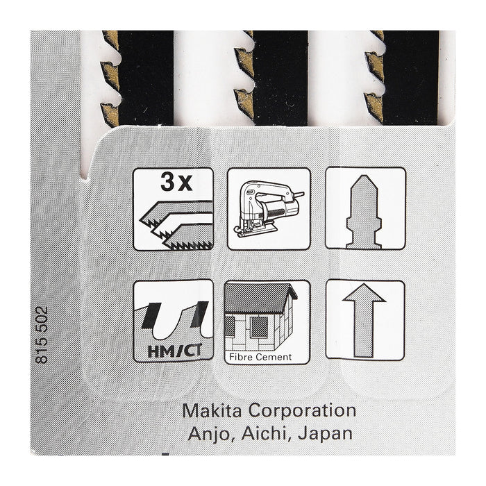 Hộp 3 lưỡi cưa lọng TC/HM Makita B-06890 dùng cho sợi thủy tinh, tấm thạch cao và nhựa FRP, số răng 6 TPI, chiều dài 100mm, đuôi gài kiểu B ( Cấp 3 sao )