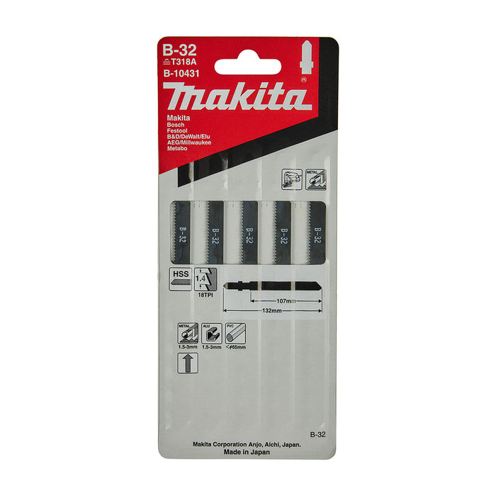 Hộp 5 lưỡi cưa lọng HSS Makita B-10431 dùng cho kim loại, số răng 18 TPI, chiều dài 132mm đuôi gài kiểu B ( Cấp 3 sao )