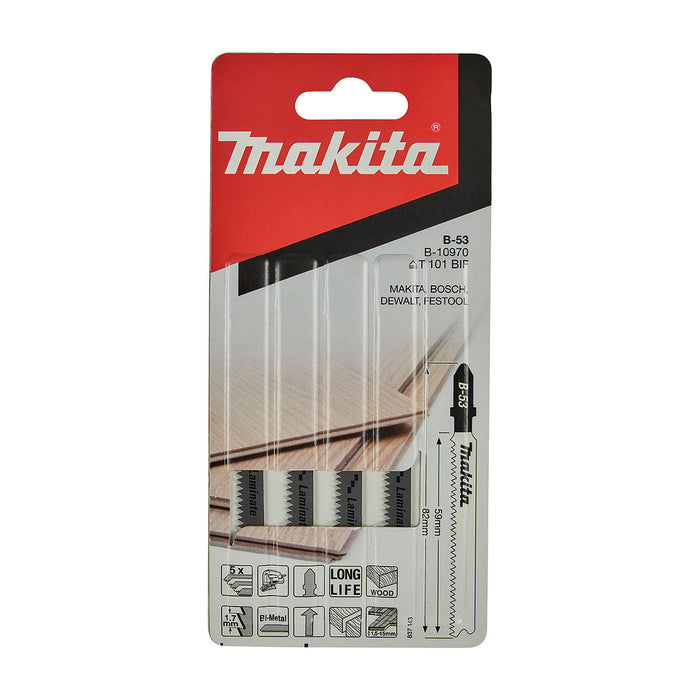 Hộp 5 lưỡi cưa lọng Bi-Metal Makita B-10970 dùng cho ván ép Laminate, nhựa số răng 15 TPI, chiều dài 82mm đuôi gài kiểu B ( Cấp 3 sao )