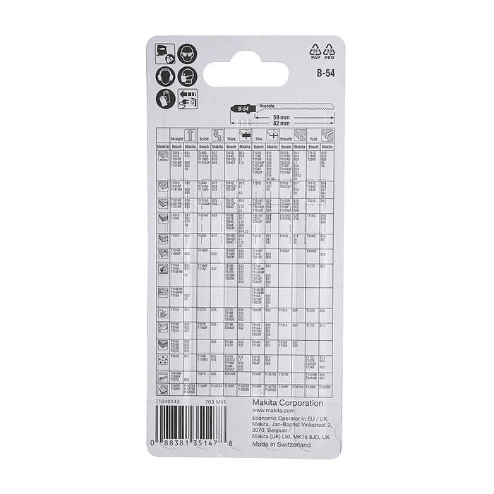 Hộp 5 lưỡi cưa lọng Bi-Metal Makita B-10986 dùng cho ván ép Laminate, nhựa số răng 18 TPI, chiều dài 82mm, đuôi gài kiểu B ( Cấp 3 sao )