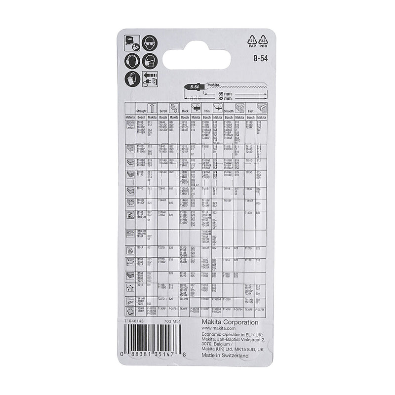 Hộp 5 lưỡi cưa lọng Bi-Metal Makita B-10986 dùng cho ván ép Laminate, nhựa số răng 18 TPI, chiều dài 82mm, đuôi gài kiểu B ( Cấp 3 sao )