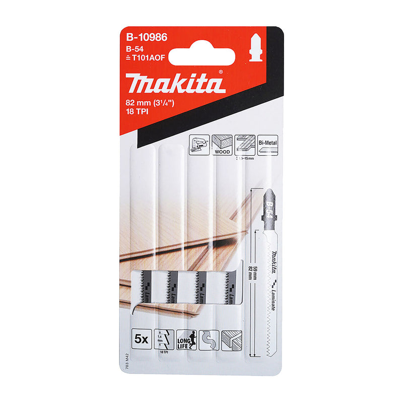 Hộp 5 lưỡi cưa lọng Bi-Metal Makita B-10986 dùng cho ván ép Laminate, nhựa số răng 18 TPI, chiều dài 82mm, đuôi gài kiểu B ( Cấp 3 sao )