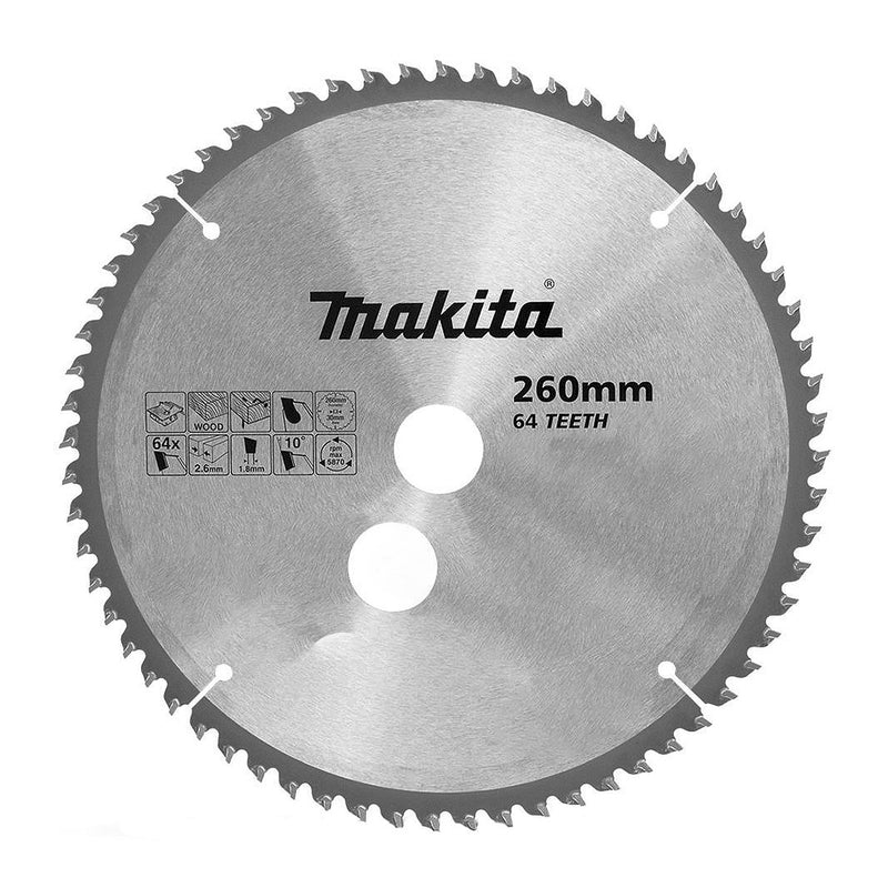Lưỡi cưa gỗ TCT Makita đường kính 260mm, số răng từ 60-74 kiểu ATAF, lỗ cốt 25mm và 30mm dùng cho máy cưa đa góc ( Cấp 3 sao )