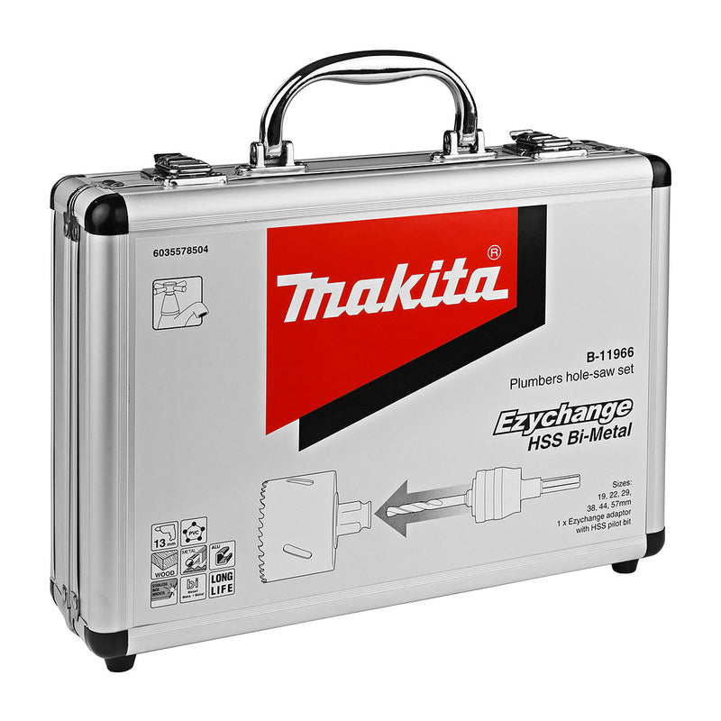 Bộ mũi khoét lỗ kèm mũi định tâm dòng tháo lắp nhanh Ezychange 7 chi tiết Makita B-11966 kích thước từ 19mm-57mm dùng cho Inox, gỗ chất liệu HSS-BiM