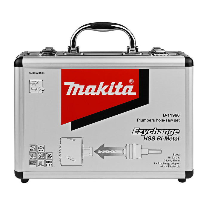 Bộ mũi khoét lỗ kèm mũi định tâm dòng tháo lắp nhanh Ezychange 7 chi tiết Makita B-11966 kích thước từ 19mm-57mm dùng cho Inox, gỗ chất liệu HSS-BiM