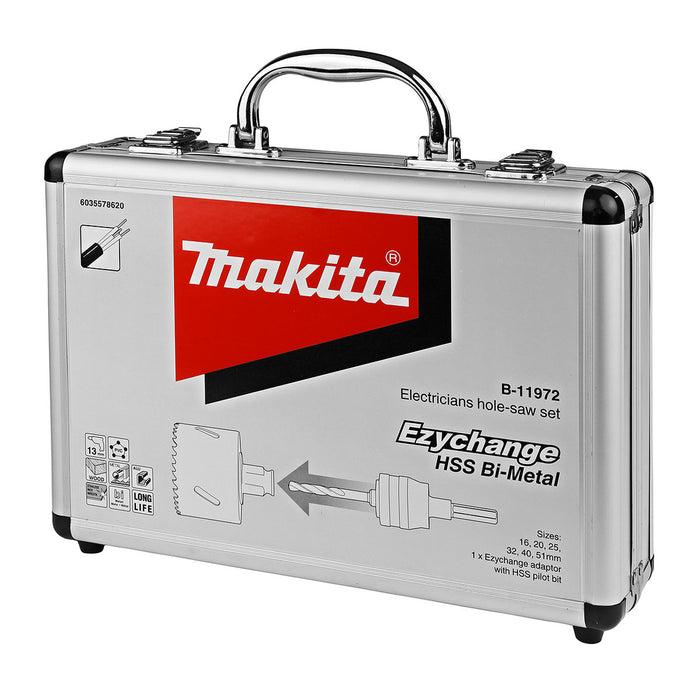 Bộ mũi khoét lỗ kèm mũi định tâm dòng tháo lắp nhanh Ezychange 7 chi tiết Makita B-11972 kích thước từ 16mm-51mm dùng cho Inox, gỗ chất liệu HSS-BiM