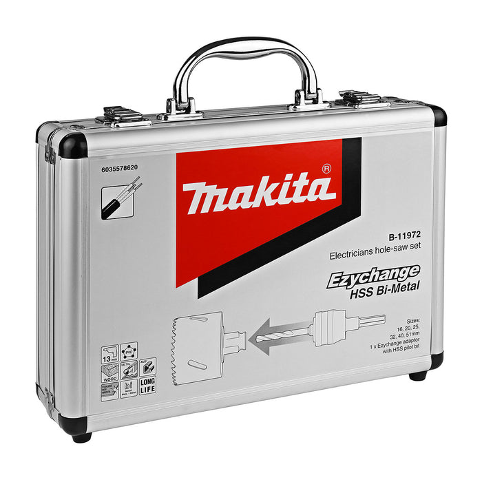 Bộ mũi khoét lỗ kèm mũi định tâm dòng tháo lắp nhanh Ezychange 7 chi tiết Makita B-11972 kích thước từ 16mm-51mm dùng cho Inox, gỗ chất liệu HSS-BiM