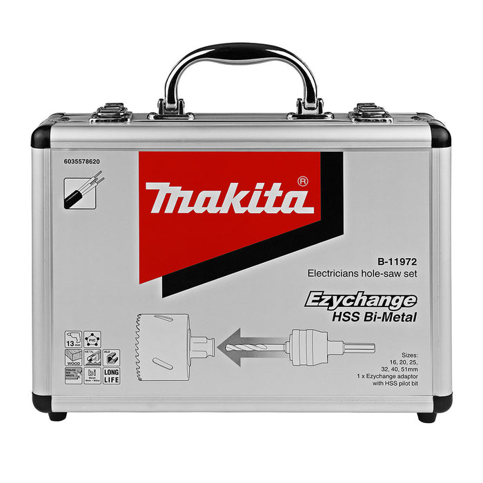 Bộ mũi khoét lỗ kèm mũi định tâm dòng tháo lắp nhanh Ezychange 7 chi tiết Makita B-11972 kích thước từ 16mm-51mm dùng cho Inox, gỗ chất liệu HSS-BiM