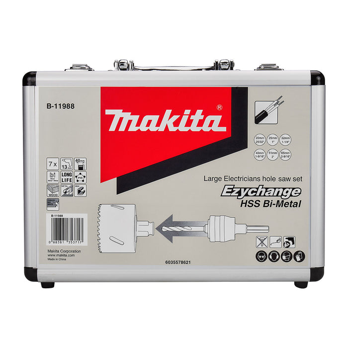 Bộ mũi khoét lỗ kèm mũi định tâm dòng tháo lắp nhanh Ezychange 7 chi tiết Makita B-11988 kích thước từ 20mm-65mm dùng cho Inox, gỗ chất liệu HSS-BiM