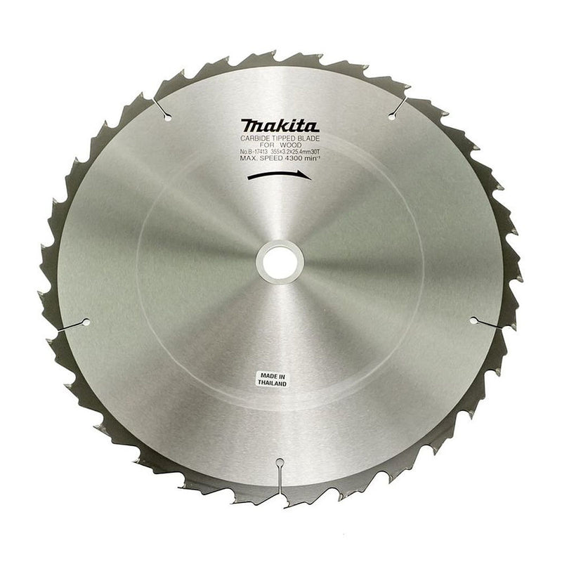 Lưỡi cưa gỗ TCT Makita dòng sản phẩm kinh tế, đường kính 355mm, số răng từ 30-80 kiểu ATB và ATAF, lỗ cốt 25.4mm dùng cho máy cưa bàn ( Cấp 3 sao )