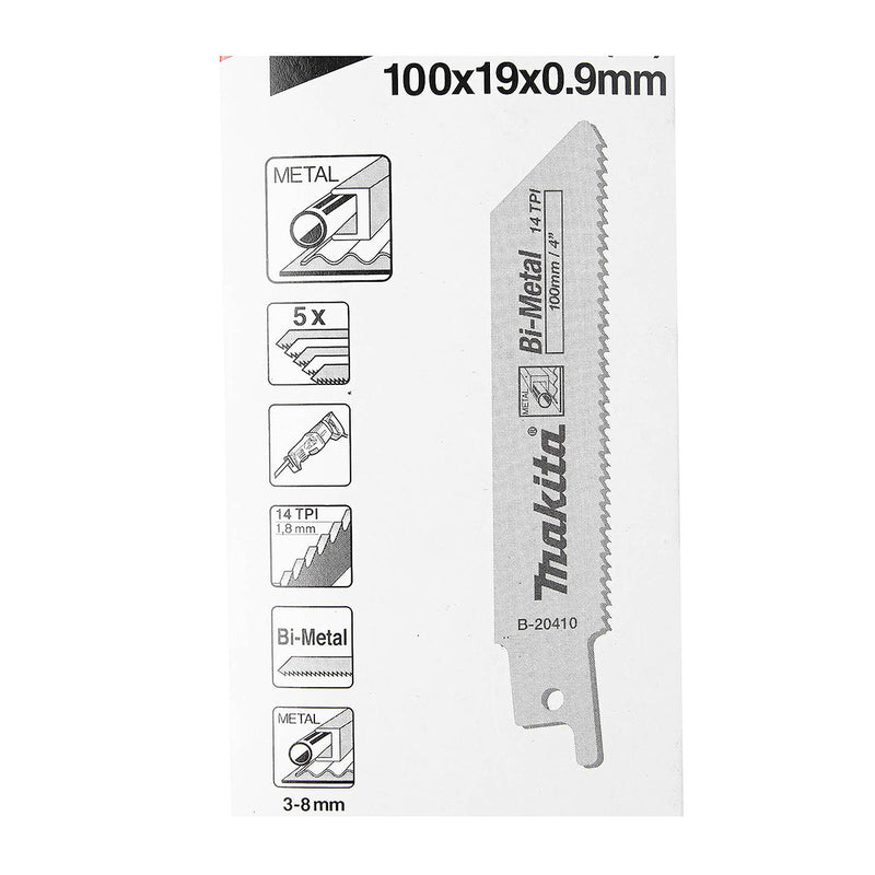 Hộp 5 lưỡi cưa kiếm Bi-Metal Makita B-20410 dùng cho kim loại, số răng 14 TPI chiều dài 100mm ( Cấp 3 sao )