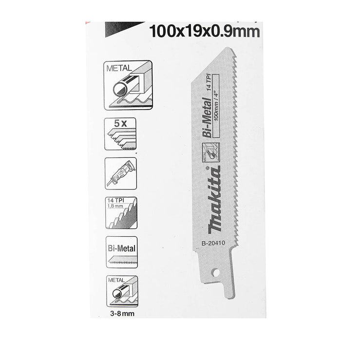 Hộp 5 lưỡi cưa kiếm Bi-Metal Makita B-20410 dùng cho kim loại, số răng 14 TPI chiều dài 100mm ( Cấp 3 sao )