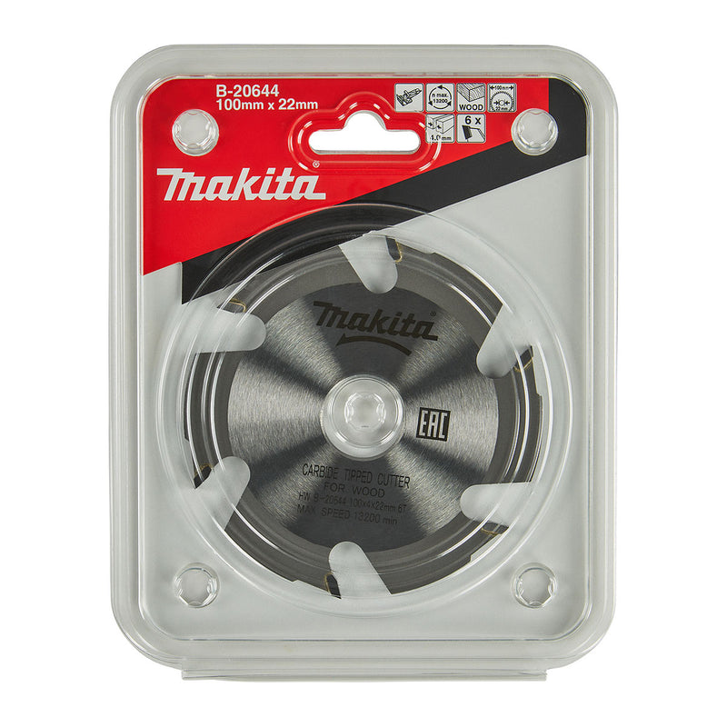 Lưỡi cưa gỗ TCT Makita B-20644 đường kính 100mm, 6 răng kiểu ATAF, lỗ cốt 20mm chứng nhận EAC dùng cho máy cưa bàn ( Cấp 3 sao )
