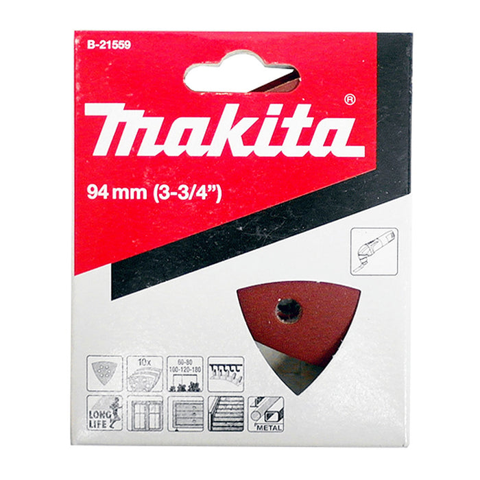 Bộ 10 giấy nhám tam giác đục lỗ 93mm Makita B-21559 cỡ hạt từ A60-A180 dòng Delta bền hơn cho gỗ, kim loại và tẩy sơn bề mặt dùng với đế gai (B-65115) cho các máy cắt rung ( Cấp 3 sao )