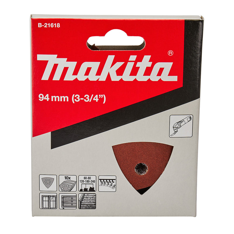Bộ 10 giấy nhám tam giác đục lỗ 93mm Makita B-21618 cỡ hạt từ A60-A240 cho gỗ, kim loại và tẩy sơn bề mặt dùng với đế gai (B-65115) ( Cấp 3 sao )