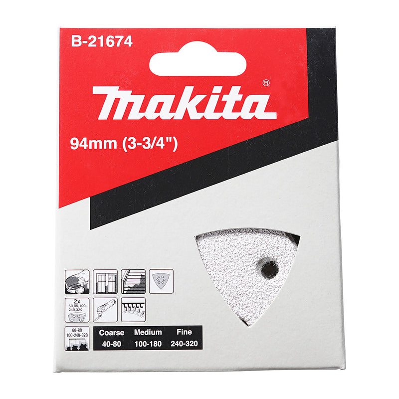 Bộ 10 giấy nhám tam giác đục lỗ 93mm Makita B-21674 cho sơn nhám, sơn bóng dùng với đế gai (B-65115) dùng với các máy cắt rung ( Cấp 3 sao )
