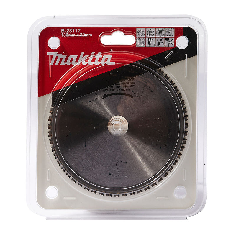 Lưỡi cưa Inox TCT Makita B-23117 đường kính 136mm, 56 răng kiểu FTG, khe Laser giảm rung, lỗ cốt 20mm dùng cho máy cưa đĩa ( Cấp 3 sao )